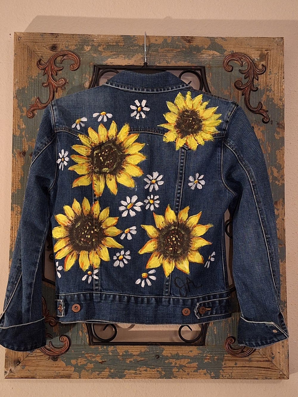 GAP Hand Painted Blue Jean Jacket W/ Yellow Hand-Painted Sunflowers Size XS - Picture 5 of 11